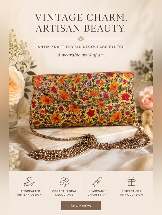 Antik Kraft Handbags - Vintage Antik Kraft Floral Decoupage Clutch Crossbody Chain Bag Boho Gold
